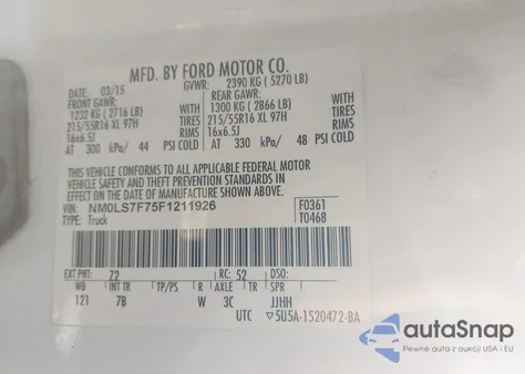 2015 Ford Transit Connect Xlt from USA, damaged, VIN NM0LS7F75F1211926